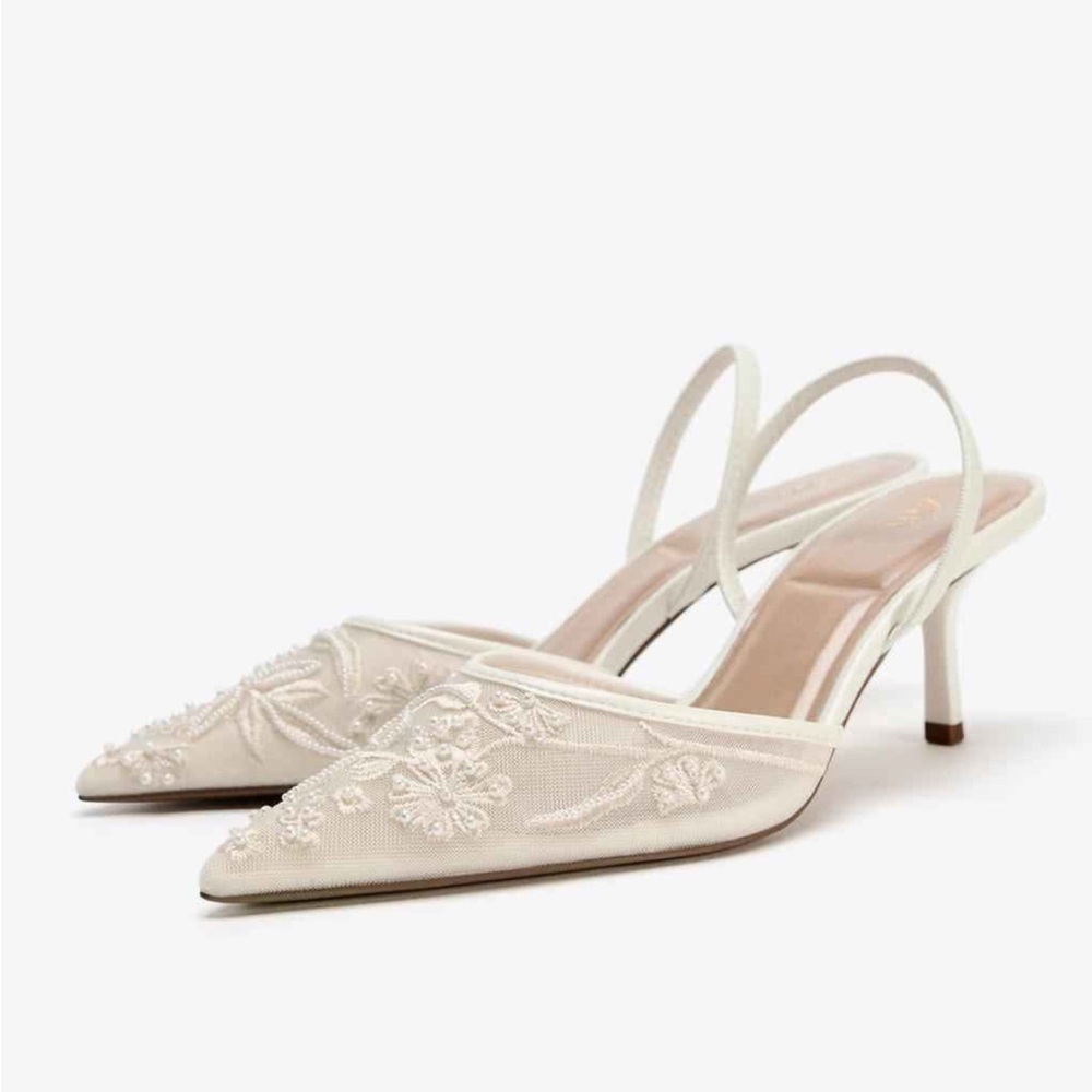 Zara Cream Embroidered Pointed Slingback Heels